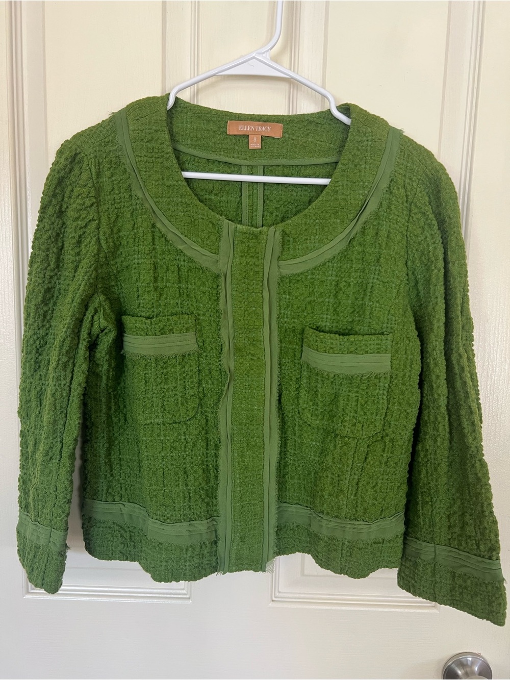 Ellen Tracy Green Textured Tweed Jacket Size 8 Cotton Blend